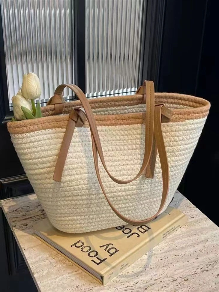Cotton Rope White & Brown Handmade Straw Bag