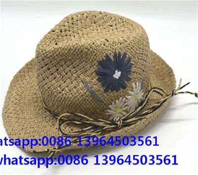 Handwoven Txiv neej Straw Hat Nrog Paj Ntaub